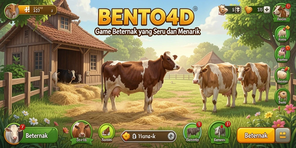 Tampilan antarmuka utama BENTO4D dengan pemandangan peternakan yang indah.