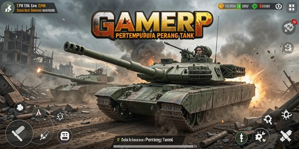 Screenshot tampilan gameplay GAMERP dengan antarmuka pertempuran tank.